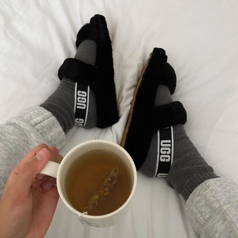 UGG Black Logo Strap OpenToe Slippers